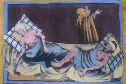 Un hombre y una mujer con la peste bubónica con las características úlceras en sus cuerpos en una pintura medieval de una Biblia de 1411 en Toggenburg, Suiza (Foto: Shutterstock)