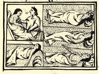 Ilustración obtenida de un compendio de materiales e información sobre la historia azteca y nahua recopilada por fray Bernardino de Sahagún. Muestra a nahuas infectados con la enfermedad de la viruela (Foto: Wikipedia)